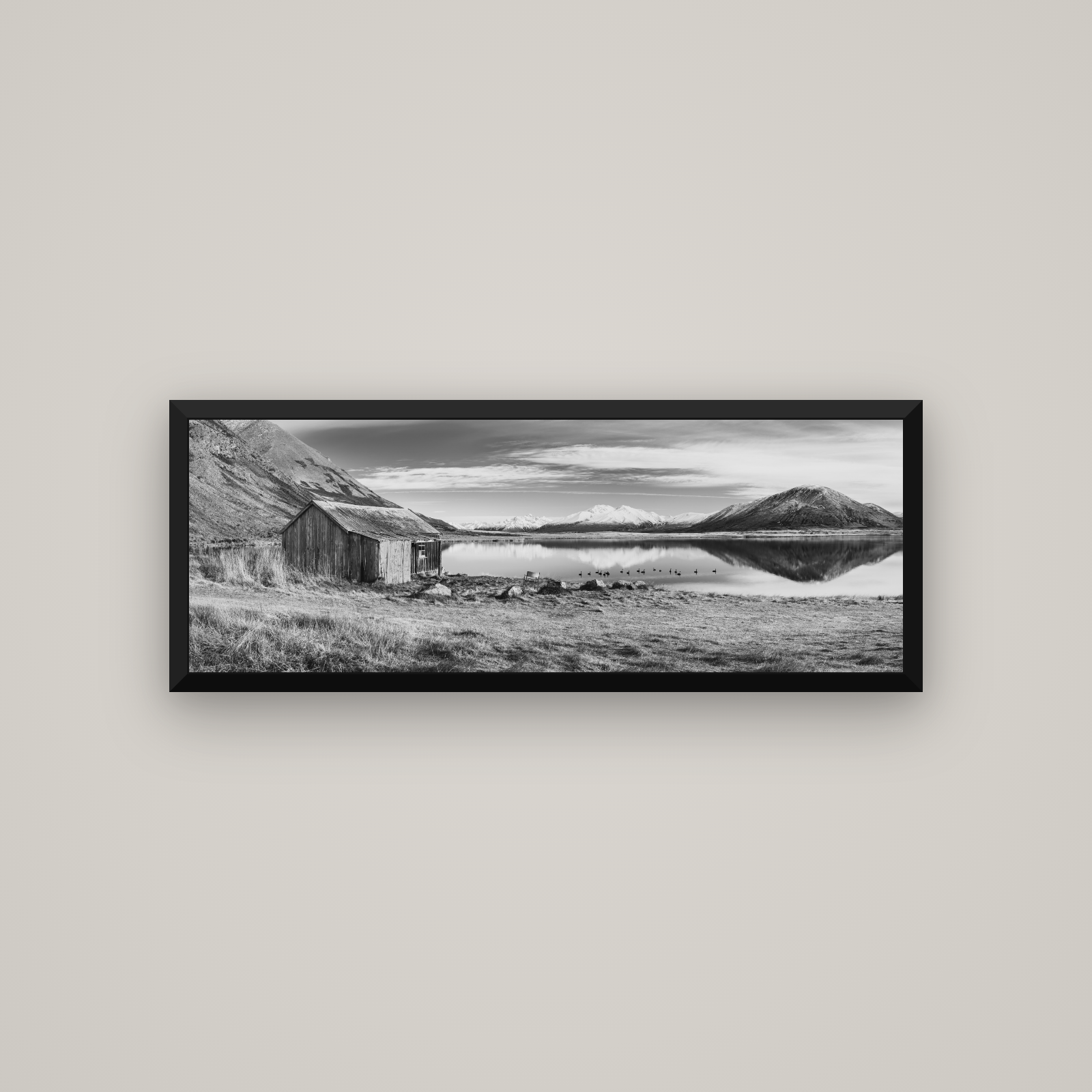 Tranquility's Hut, Big Hill and Potts Range — Basel Black, 113×40 cm. New Zealand fine art wall art by Stephen Milner.