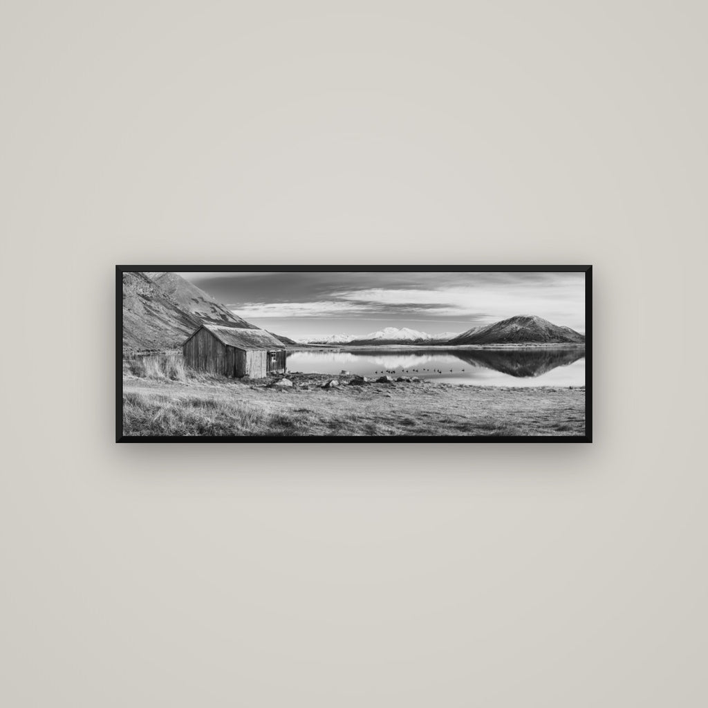 Tranquility's Hut, Big Hill and Potts Range — Basel Black Matte, 113×40 cm. New Zealand fine art wall art by Stephen Milner.