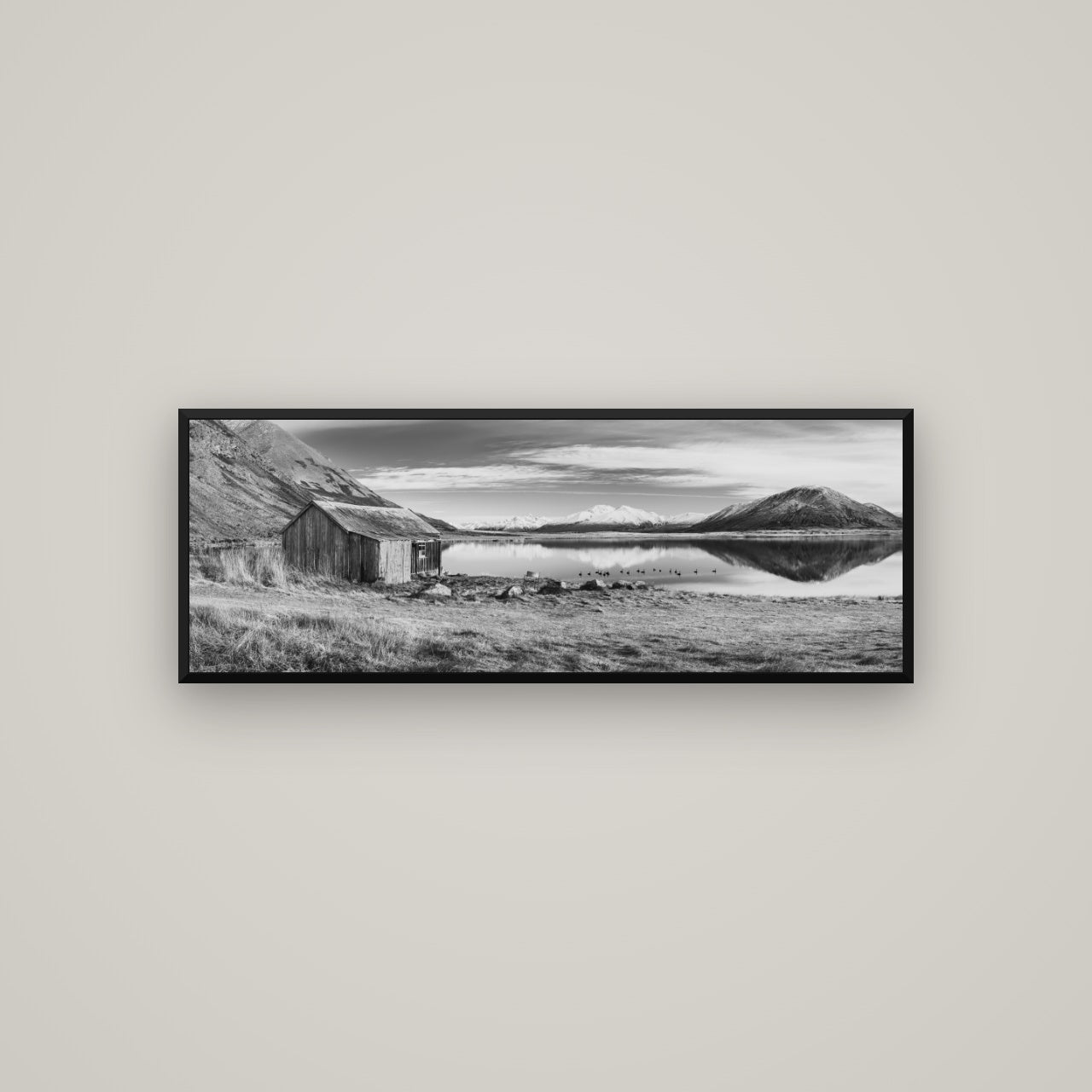 Tranquility's Hut, Big Hill and Potts Range — Basel Black, 113×40 cm. New Zealand fine art wall art by Stephen Milner.