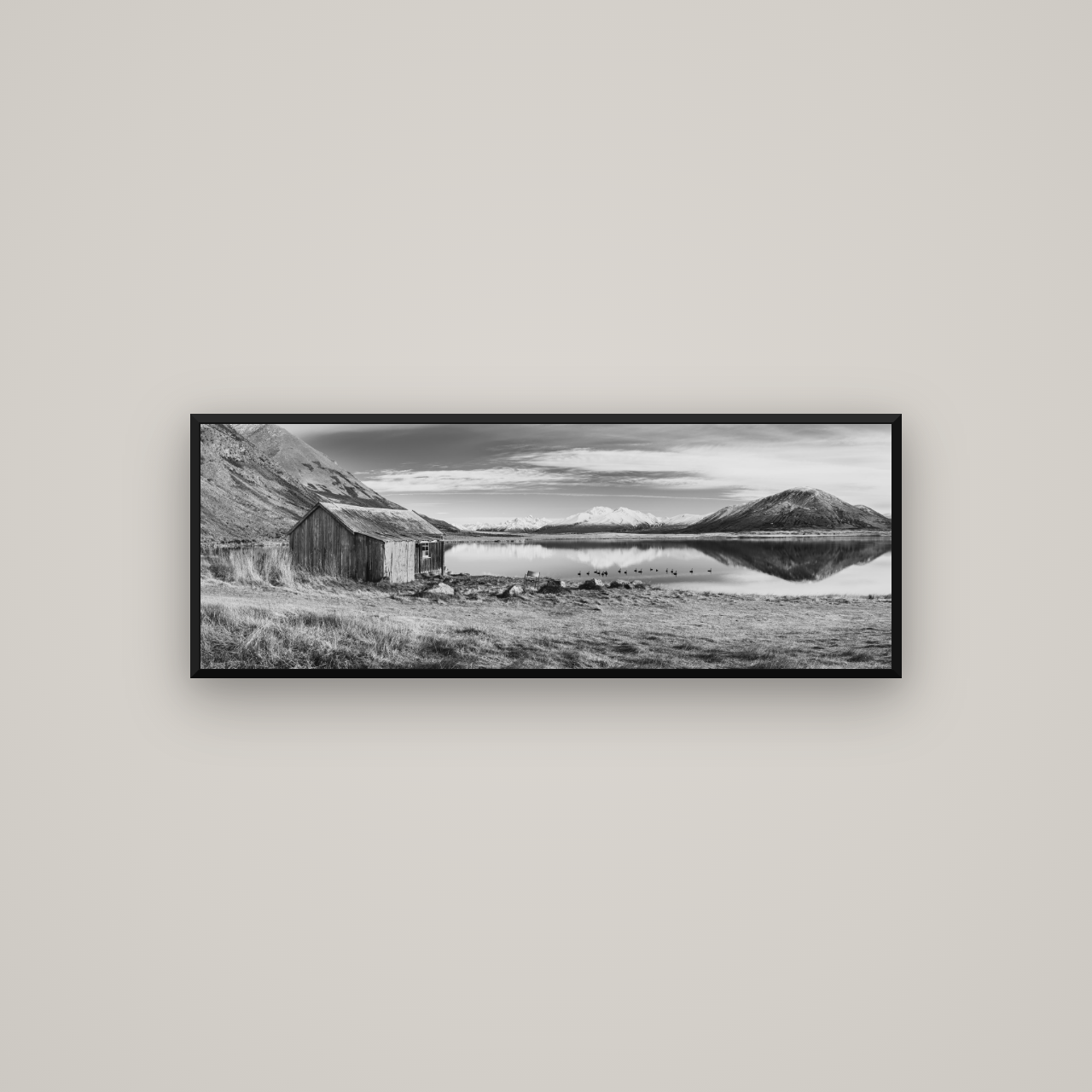 Tranquility's Hut, Big Hill and Potts Range — Basel Black Matte, 113×40 cm. New Zealand fine art wall art by Stephen Milner.