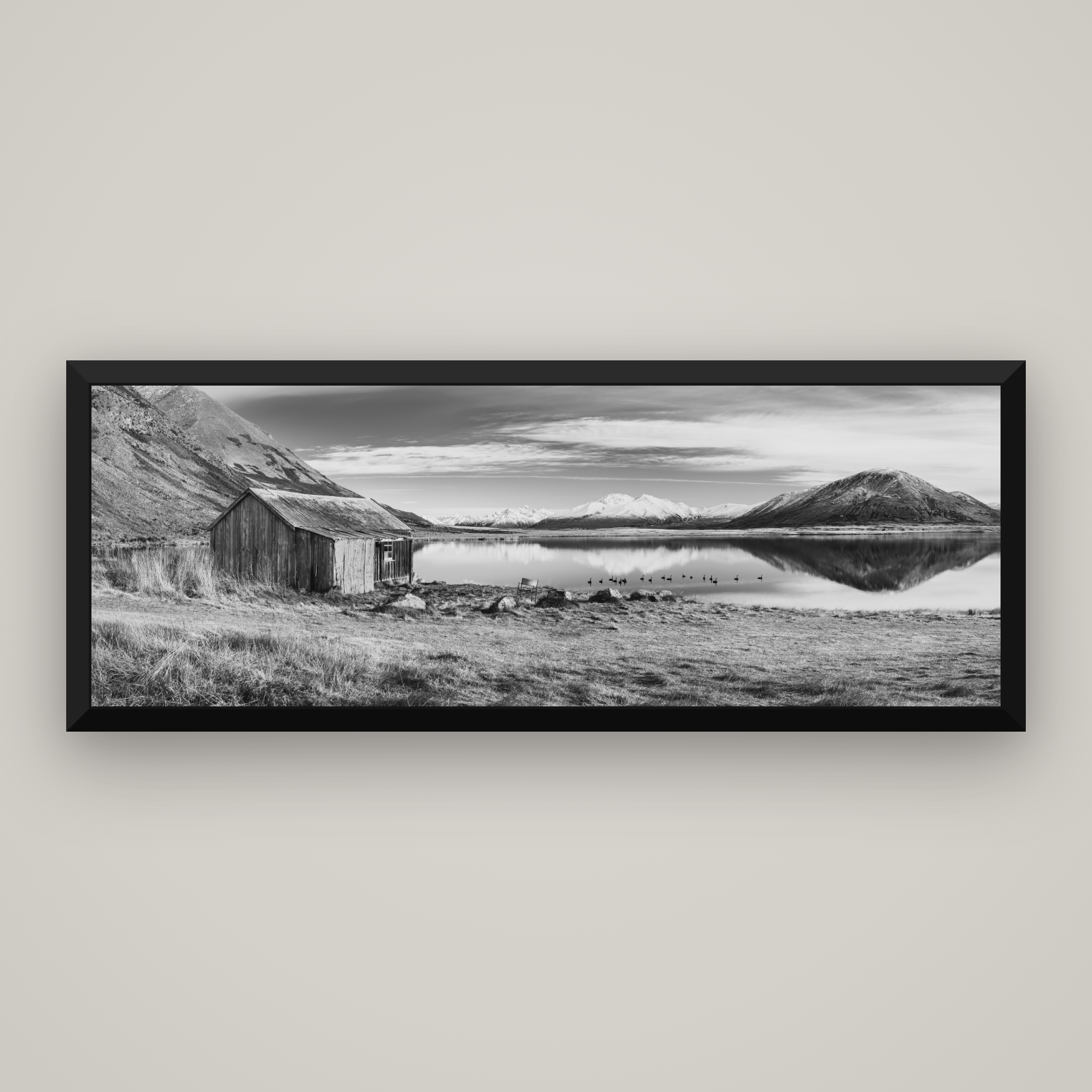 Tranquility's Hut, Big Hill and Potts Range — Basel Black, 170×60 cm. New Zealand fine art wall art by Stephen Milner.