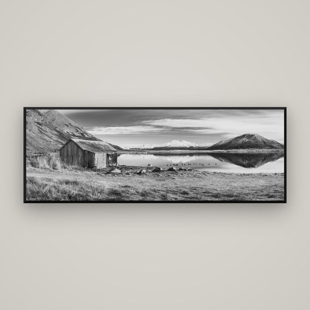 Tranquility's Hut, Big Hill and Potts Range — Basel Black Matte, 170×60 cm. New Zealand fine art wall art by Stephen Milner.