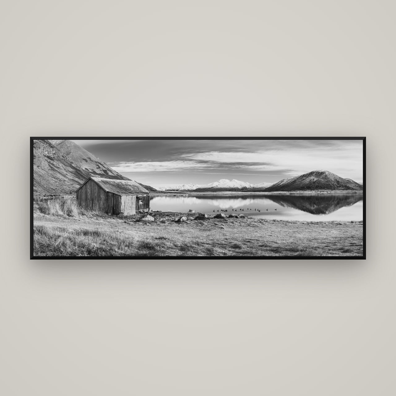 Tranquility's Hut, Big Hill and Potts Range — Basel Black, 170×60 cm. New Zealand fine art wall art by Stephen Milner.