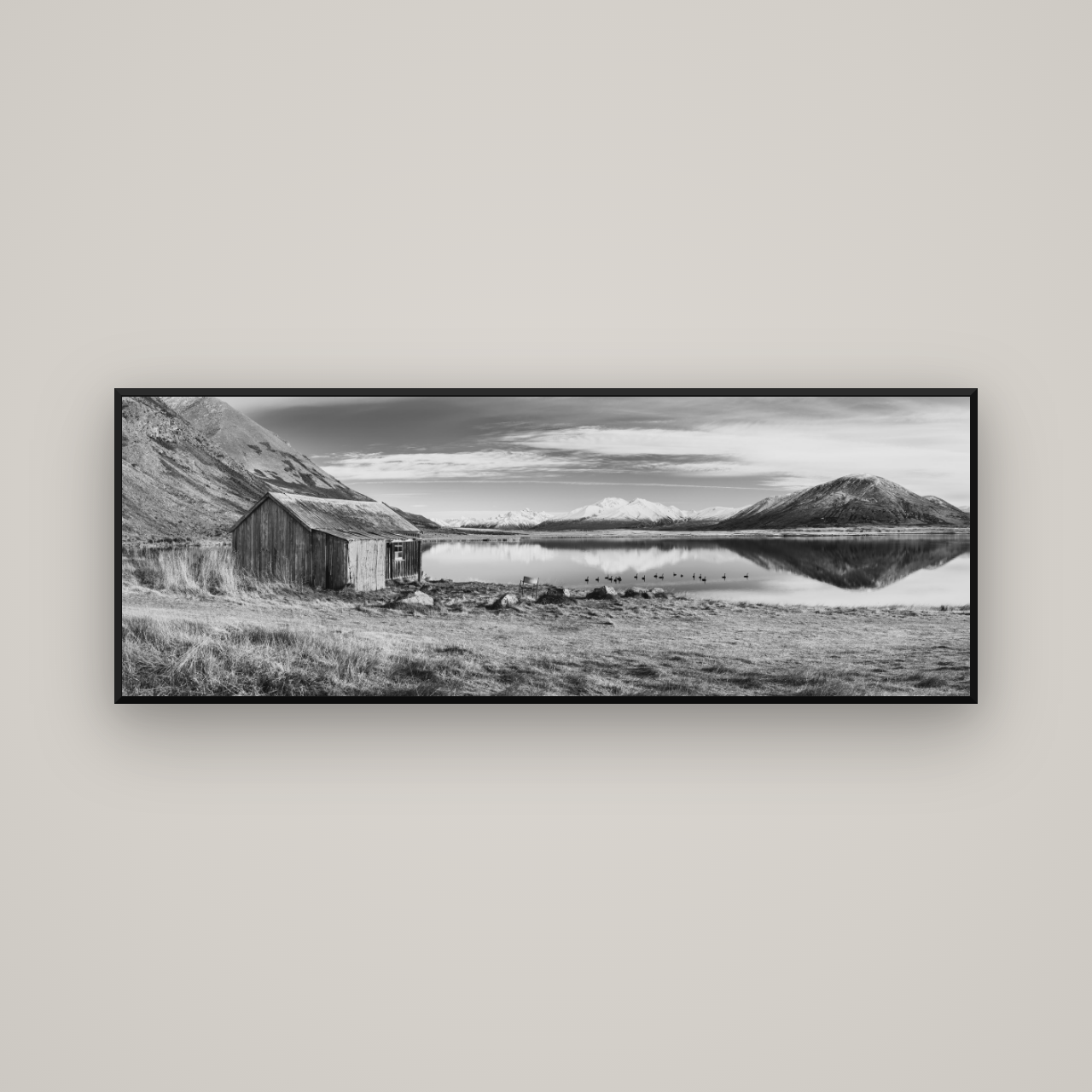 Tranquility's Hut, Big Hill and Potts Range — Basel Black Matte, 170×60 cm. New Zealand fine art wall art by Stephen Milner.