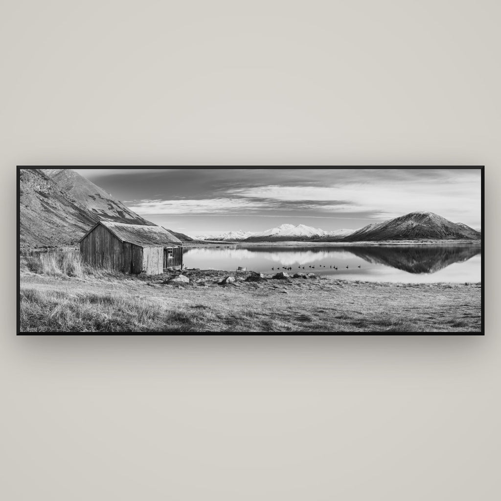 Tranquility's Hut, Big Hill and Potts Range — Basel Black, 198×70 cm. New Zealand fine art wall art by Stephen Milner.