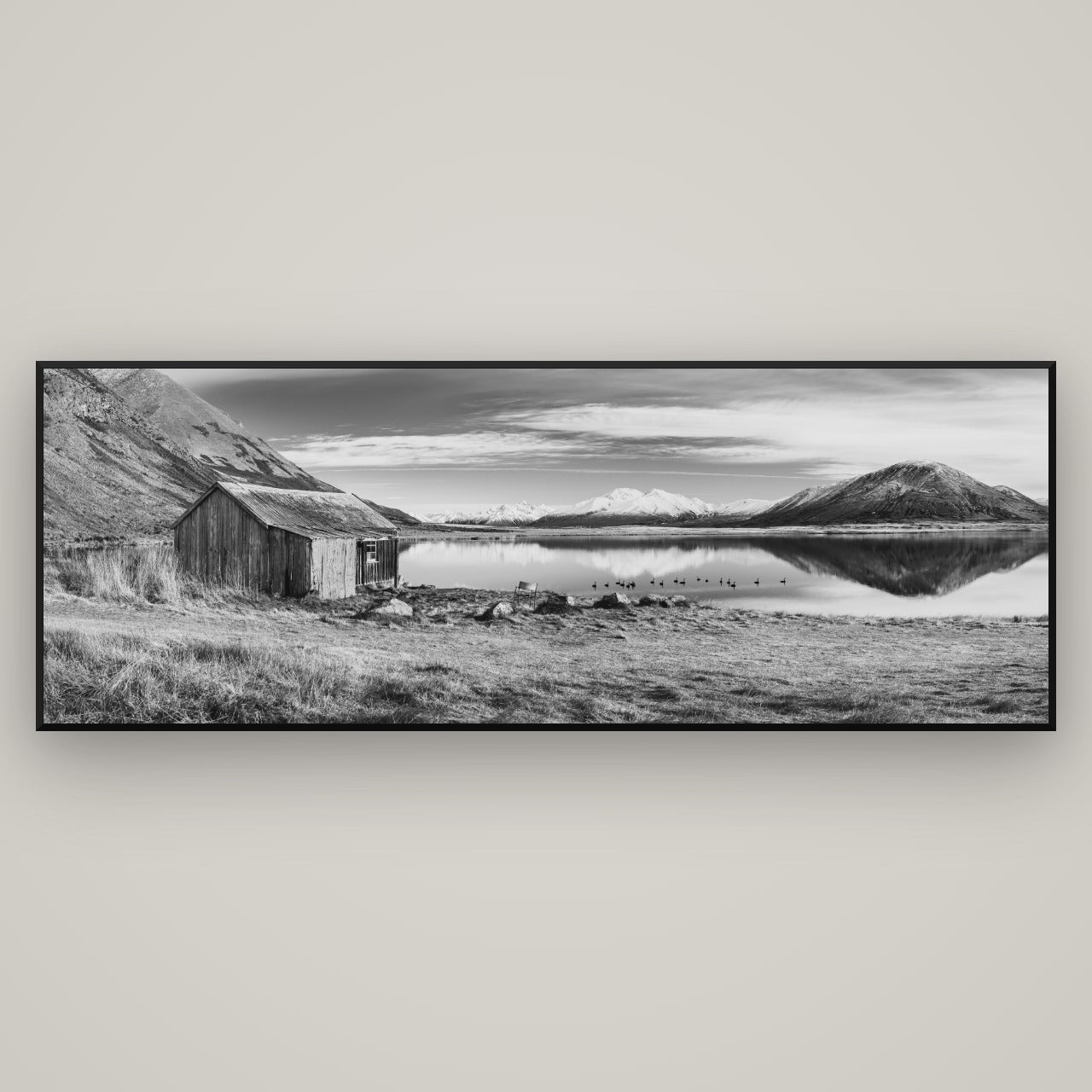 Tranquility's Hut, Big Hill and Potts Range — Basel Black, 198×70 cm. New Zealand fine art wall art by Stephen Milner.