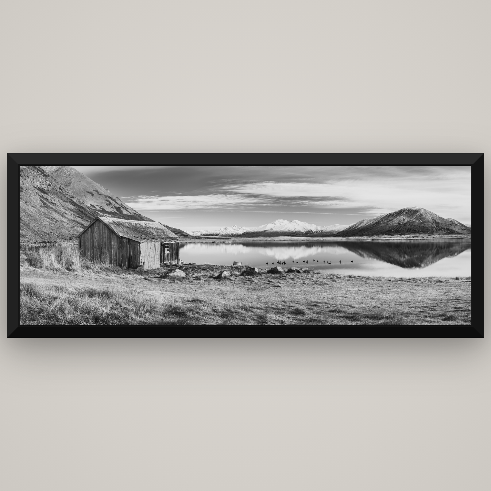 Tranquility's Hut, Big Hill and Potts Range — Basel Black, 198×70 cm. New Zealand fine art wall art by Stephen Milner.