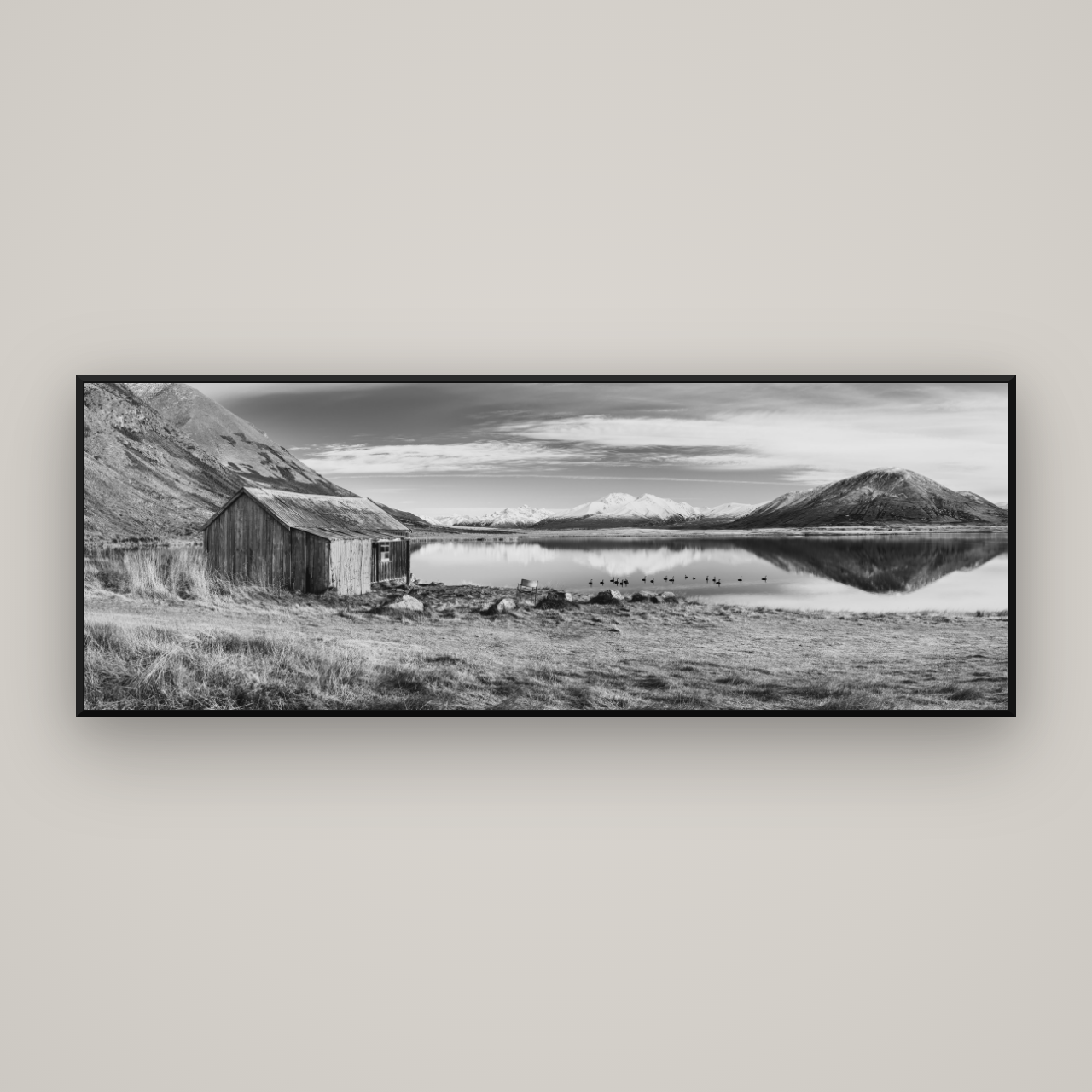 Tranquility's Hut, Big Hill and Potts Range — Basel Black Matte, 198×70 cm. New Zealand fine art wall art by Stephen Milner.