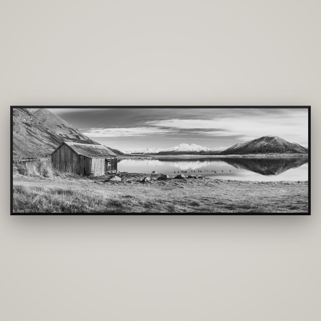 Tranquility's Hut, Big Hill and Potts Range — Basel Black Matte, 198×70 cm. New Zealand fine art wall art by Stephen Milner.