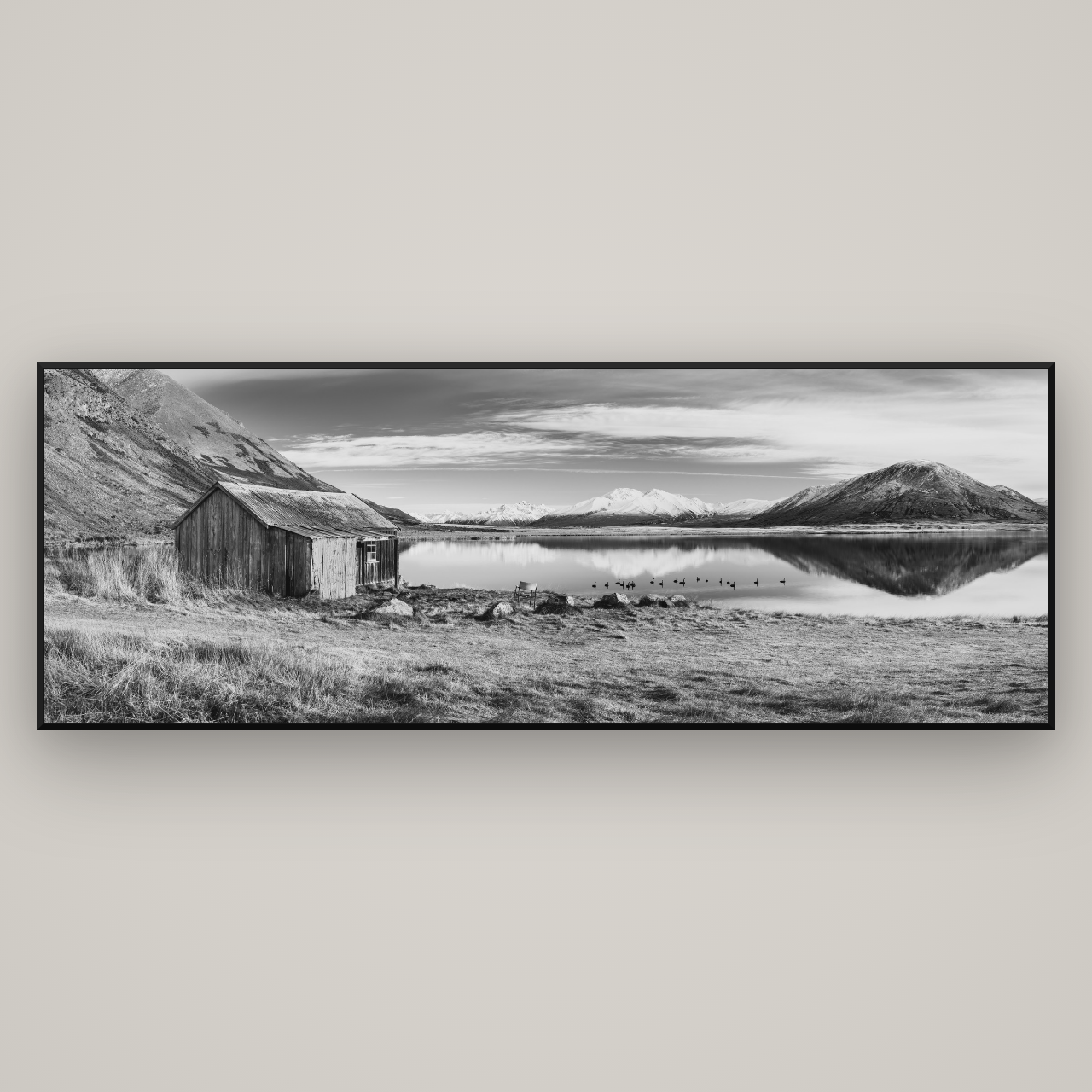 Tranquility's Hut, Big Hill and Potts Range — Basel Black Matte, 227×80 cm. New Zealand fine art wall art by Stephen Milner.