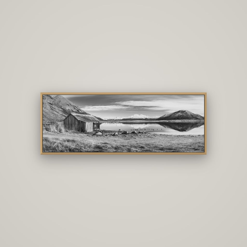 Tranquility's Hut, Big Hill and Potts Range, Basel Natural Oak, 113×40 cm. New Zealand fine art wall art by Stephen Milner.