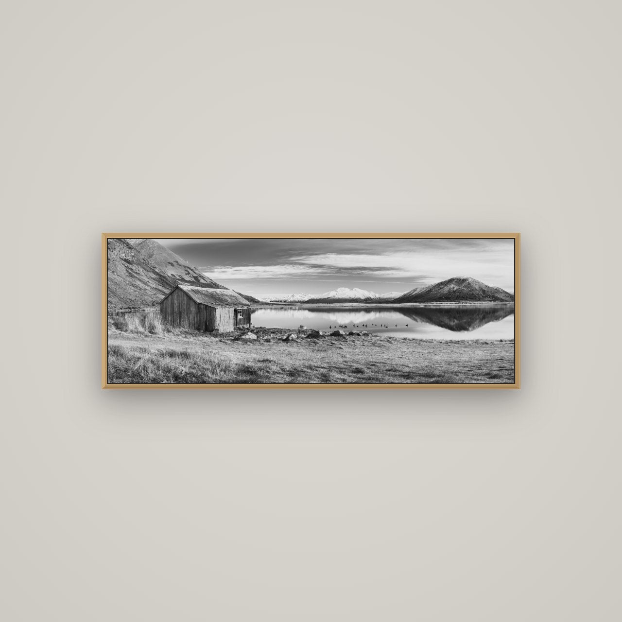 Tranquility's Hut, Big Hill and Potts Range, Basel Natural Oak, 113×40 cm. New Zealand fine art wall art by Stephen Milner.