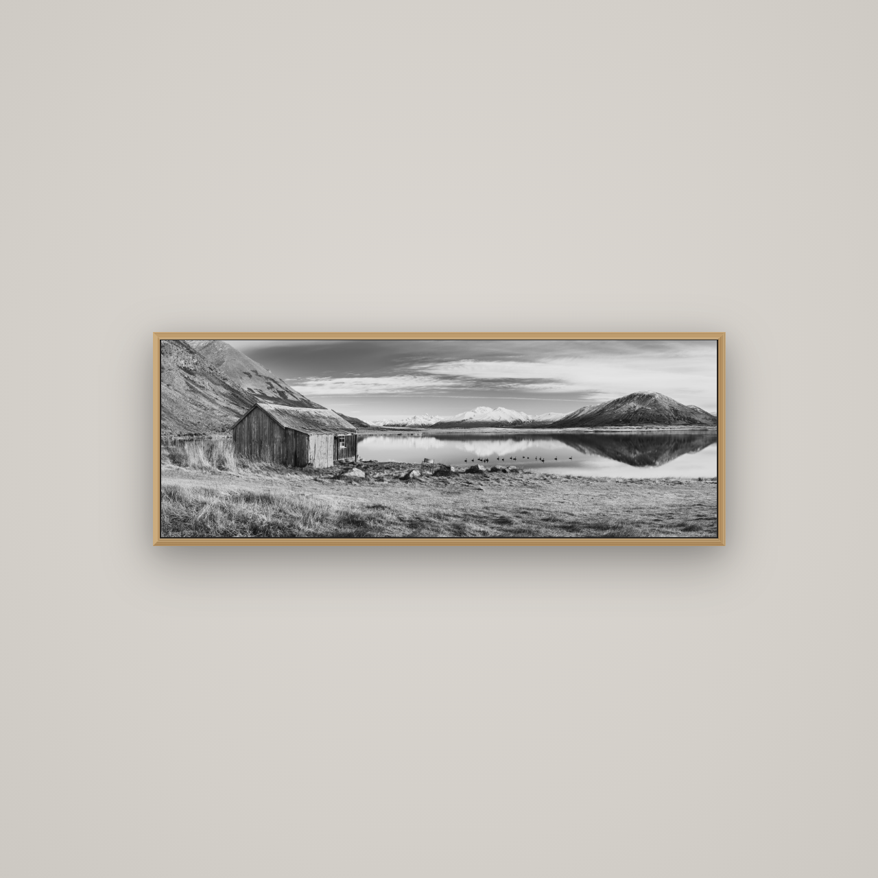 Tranquility's Hut, Big Hill and Potts Range, Basel Natural Oak, 113×40 cm. New Zealand fine art wall art by Stephen Milner.