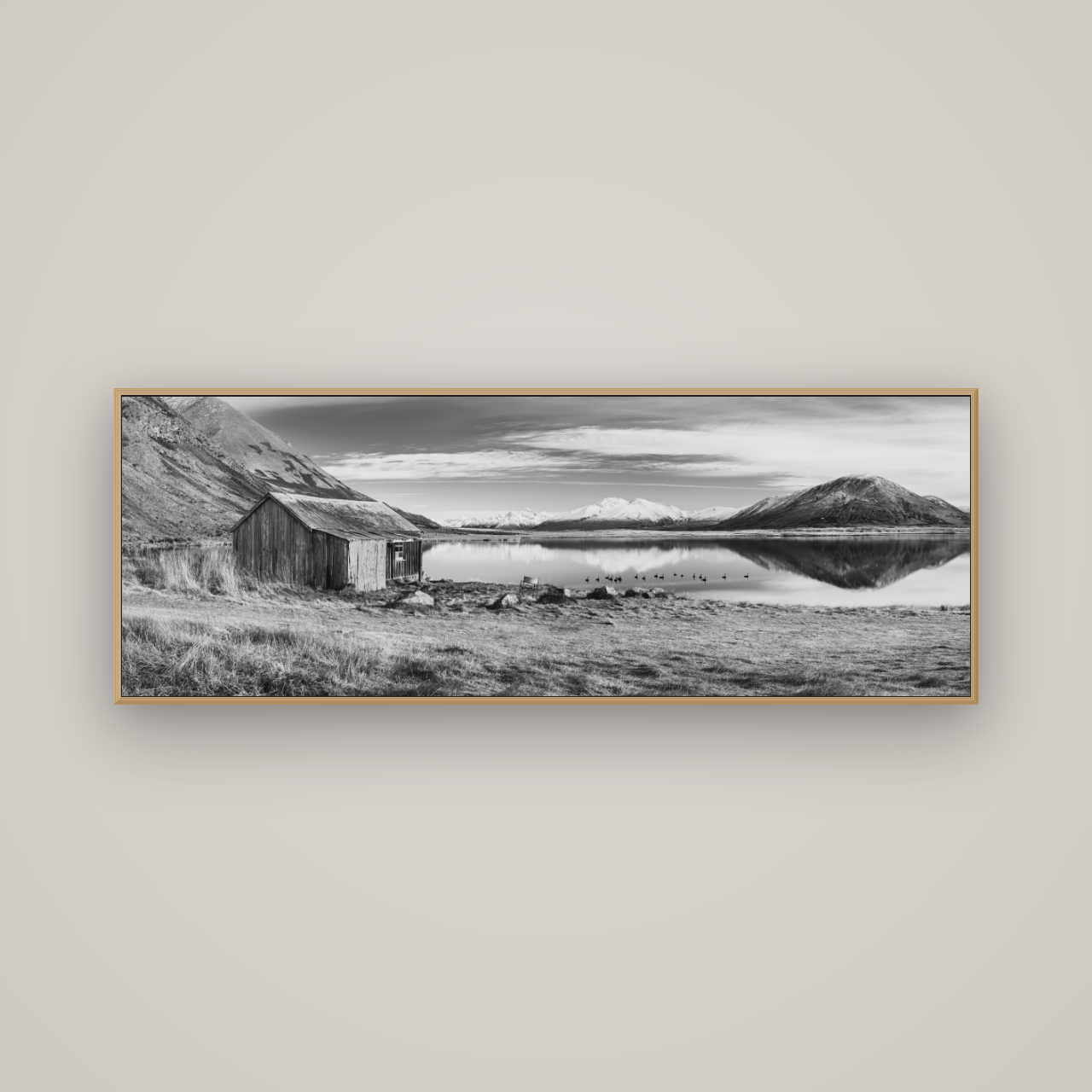 Tranquility's Hut, Big Hill and Potts Range, Basel Natural Oak, 170×60 cm. New Zealand fine art wall art by Stephen Milner.
