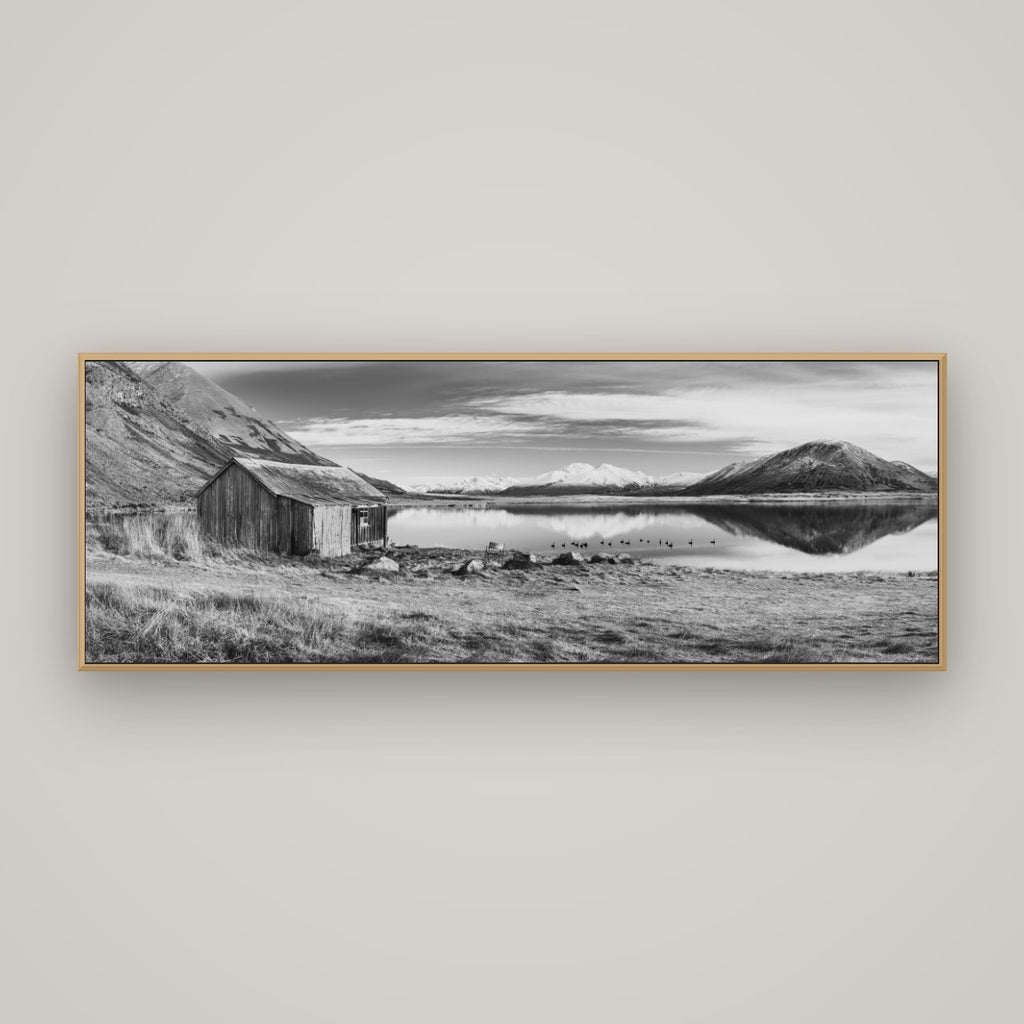 Tranquility's Hut, Big Hill and Potts Range, Basel Natural Oak, 170×60 cm. New Zealand fine art wall art by Stephen Milner.