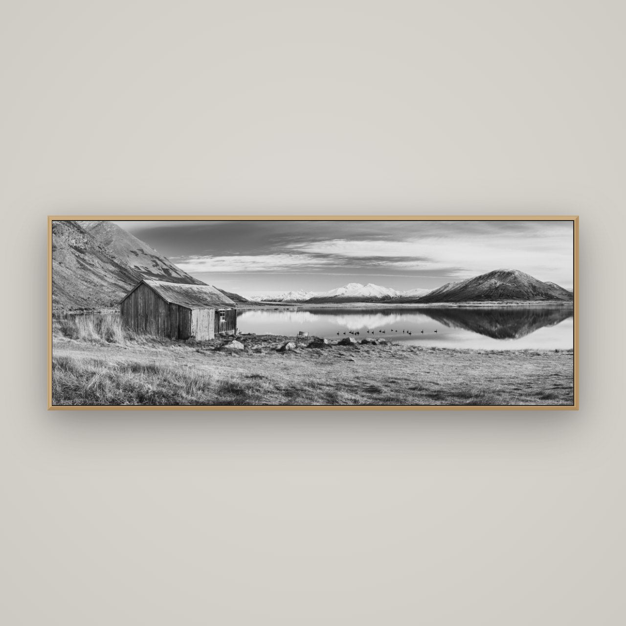Tranquility's Hut, Big Hill and Potts Range, Basel Natural Oak, 170×60 cm. New Zealand fine art wall art by Stephen Milner.
