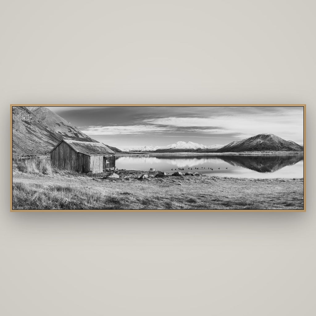 Tranquility's Hut, Big Hill and Potts Range, Basel Natural Oak, 198×70 cm. New Zealand fine art wall art by Stephen Milner.
