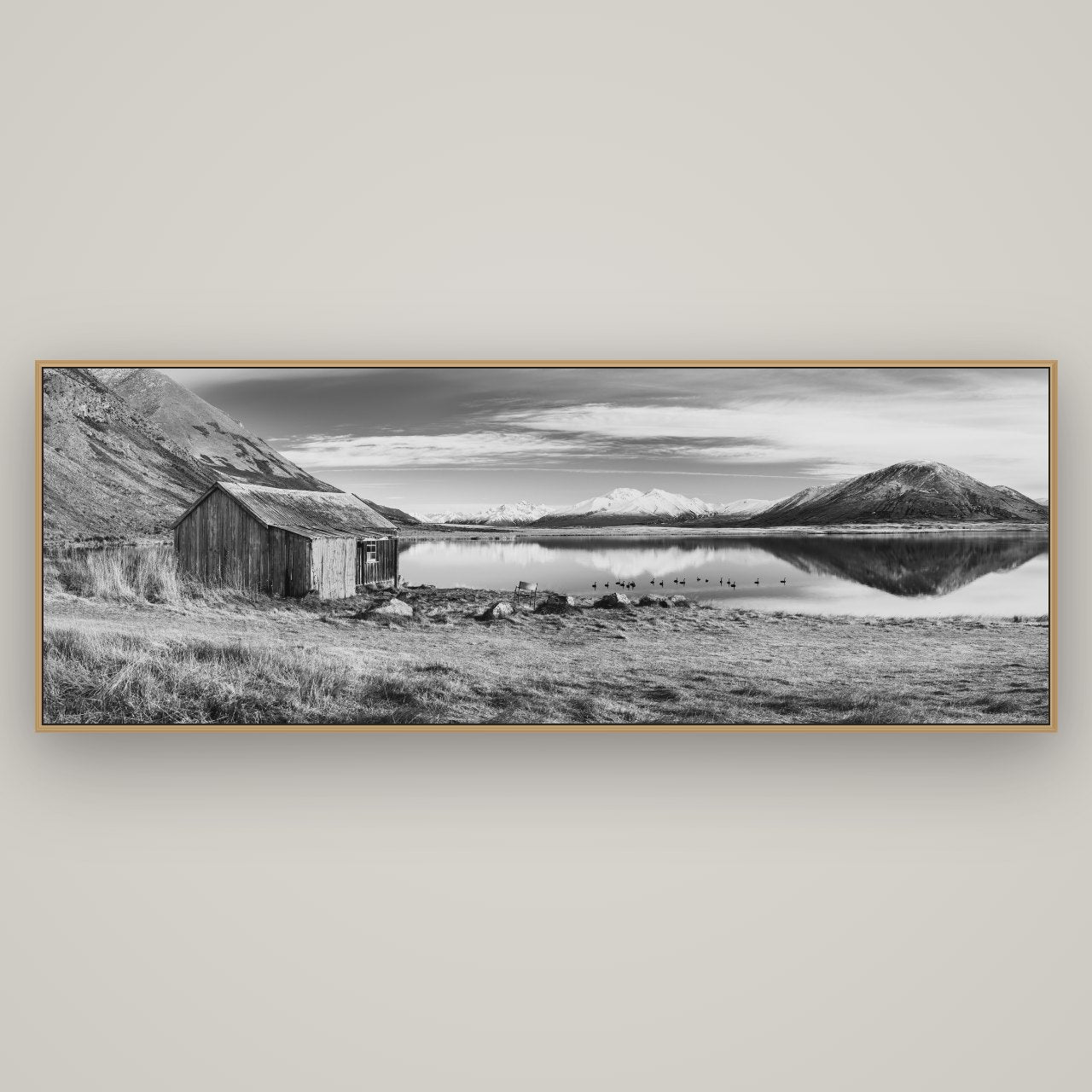 Tranquility's Hut, Big Hill and Potts Range, Basel Natural Oak, 198×70 cm. New Zealand fine art wall art by Stephen Milner.