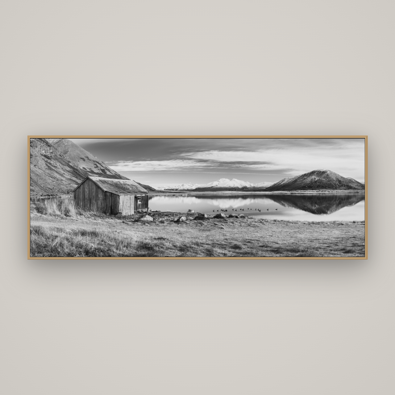 Tranquility's Hut, Big Hill and Potts Range, Basel Natural Oak, 198×70 cm. New Zealand fine art wall art by Stephen Milner.