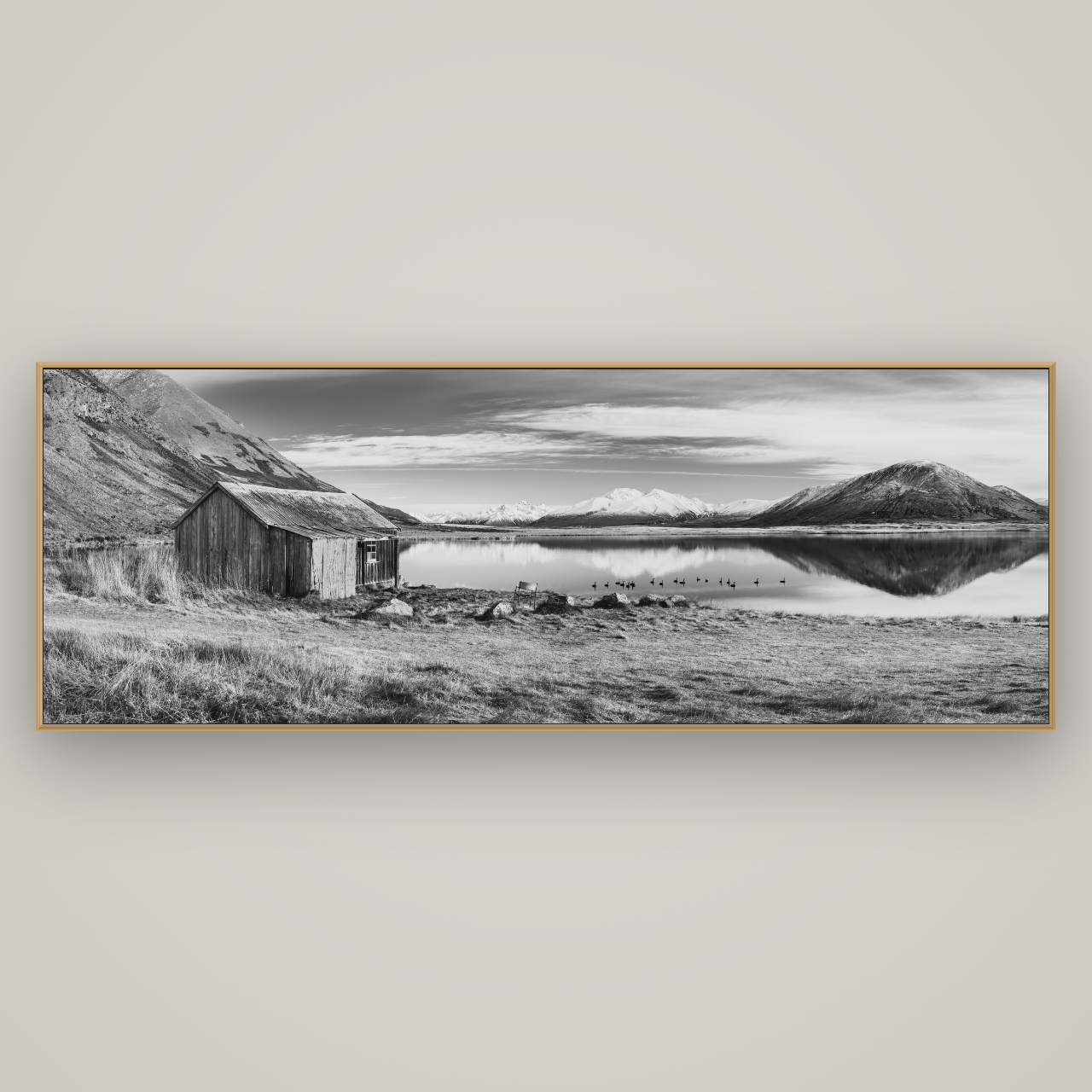 Tranquility's Hut, Big Hill and Potts Range, Basel Natural Oak, 227×80 cm. New Zealand fine art wall art by Stephen Milner.