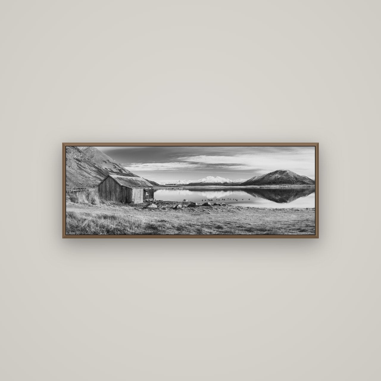 Tranquility's Hut, Big Hill and Potts Range, Basel Walnut, 113×40 cm. New Zealand fine art wall art by Stephen Milner.