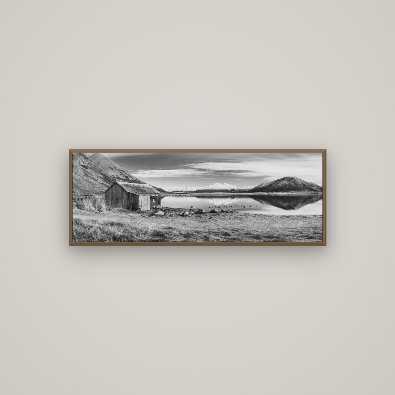 Tranquility's Hut, Big Hill and Potts Range, Basel Walnut, 113×40 cm. New Zealand fine art wall art by Stephen Milner.