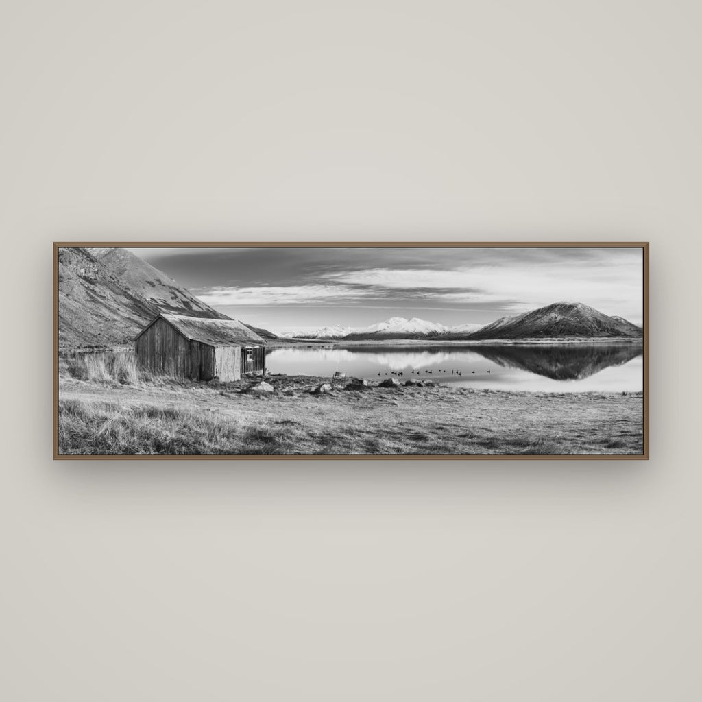 Tranquility's Hut, Big Hill and Potts Range, Basel Walnut, 170×60 cm. New Zealand fine art wall art by Stephen Milner.