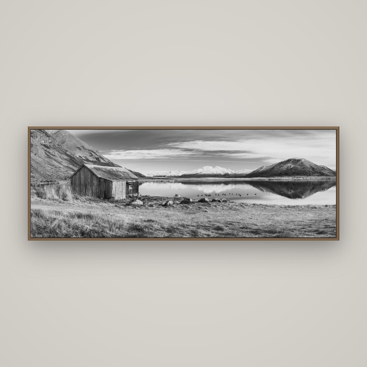 Tranquility's Hut, Big Hill and Potts Range, Basel Walnut, 170×60 cm. New Zealand fine art wall art by Stephen Milner.