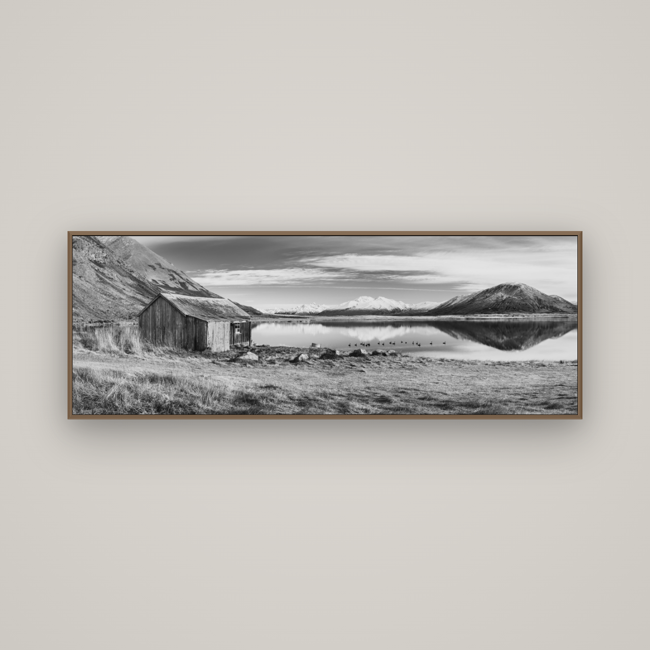 Tranquility's Hut, Big Hill and Potts Range, Basel Walnut, 170×60 cm. New Zealand fine art wall art by Stephen Milner.