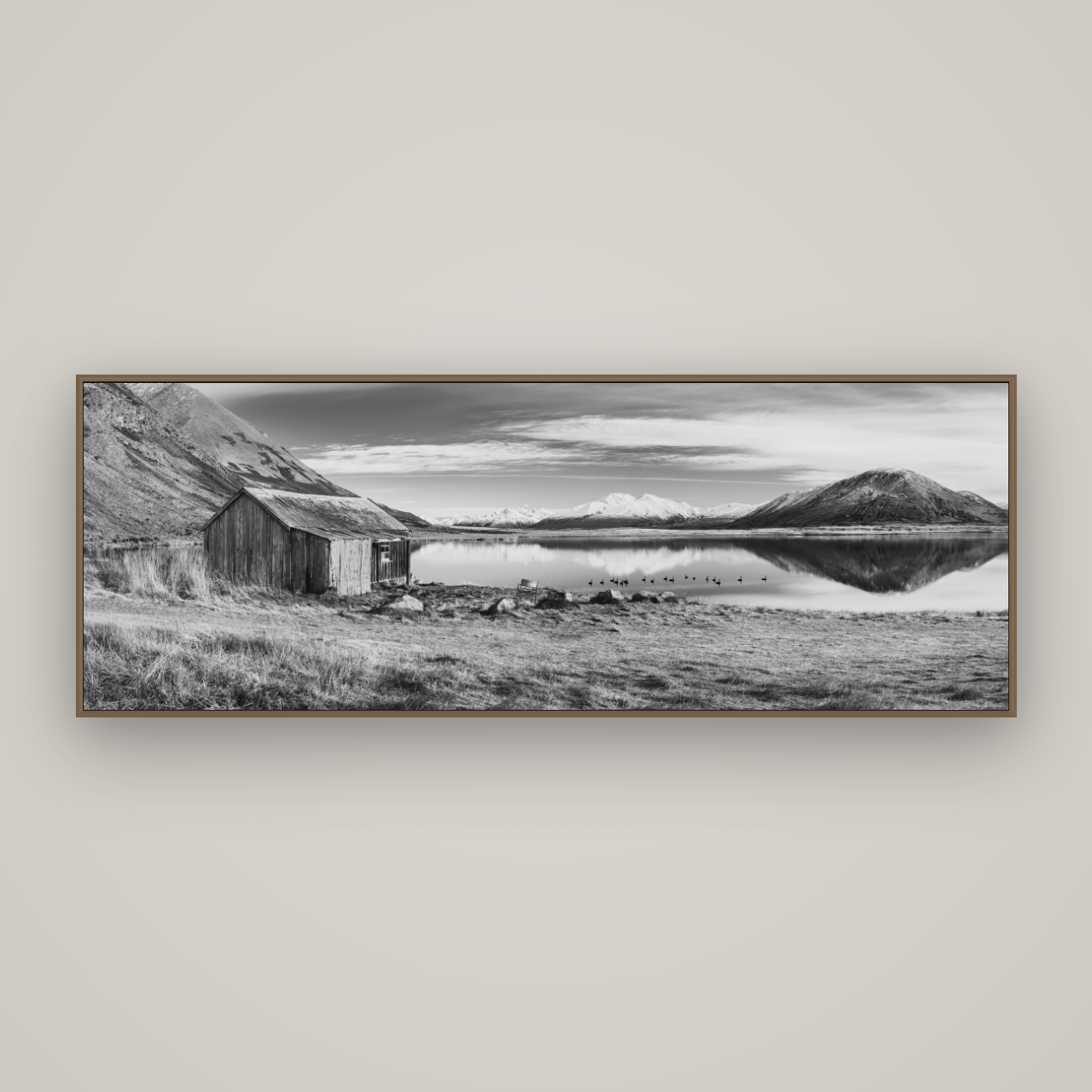 Tranquility's Hut, Big Hill and Potts Range, Basel Walnut, 198×70 cm. New Zealand fine art wall art by Stephen Milner.
