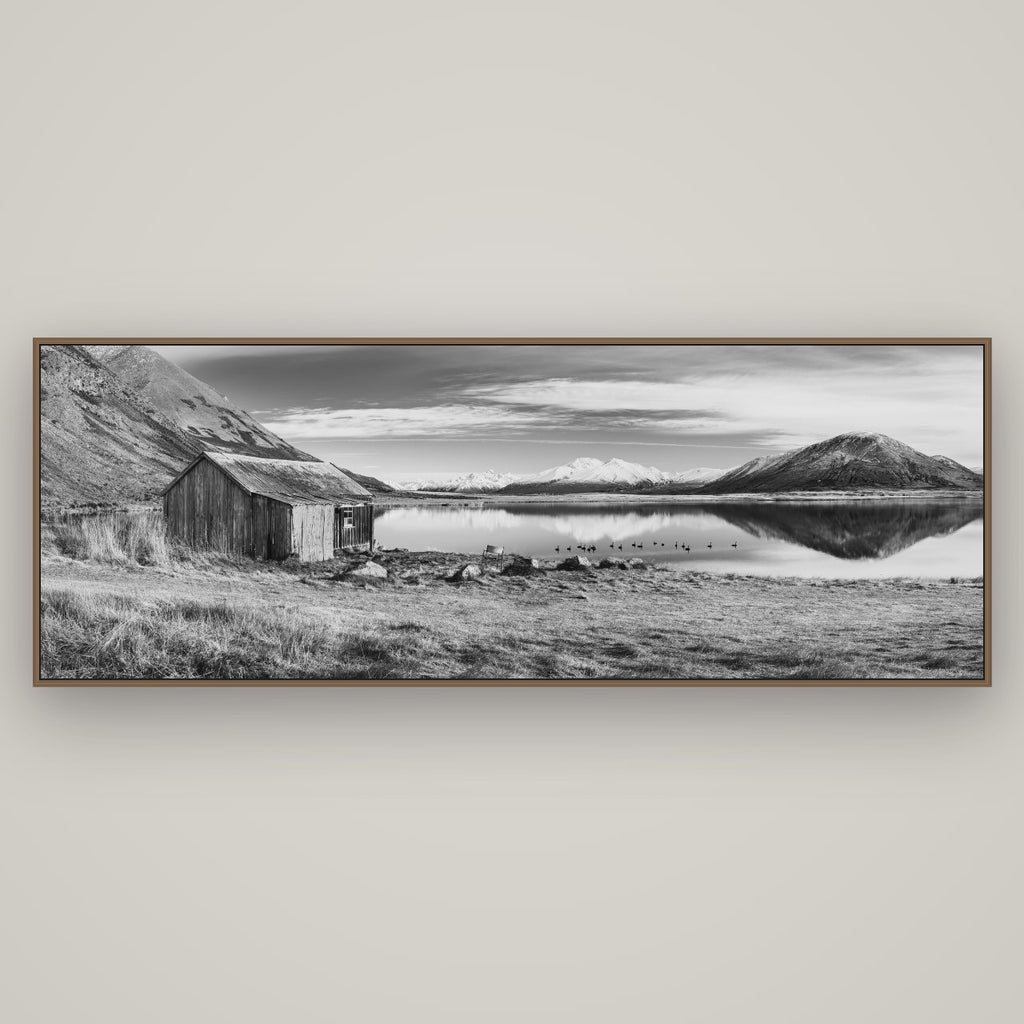 Tranquility's Hut, Big Hill and Potts Range, Basel Walnut, 198×70 cm. New Zealand fine art wall art by Stephen Milner.