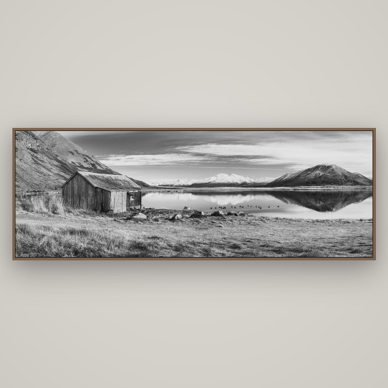 Tranquility's Hut, Big Hill and Potts Range, Basel Walnut, 198×70 cm. New Zealand fine art wall art by Stephen Milner.