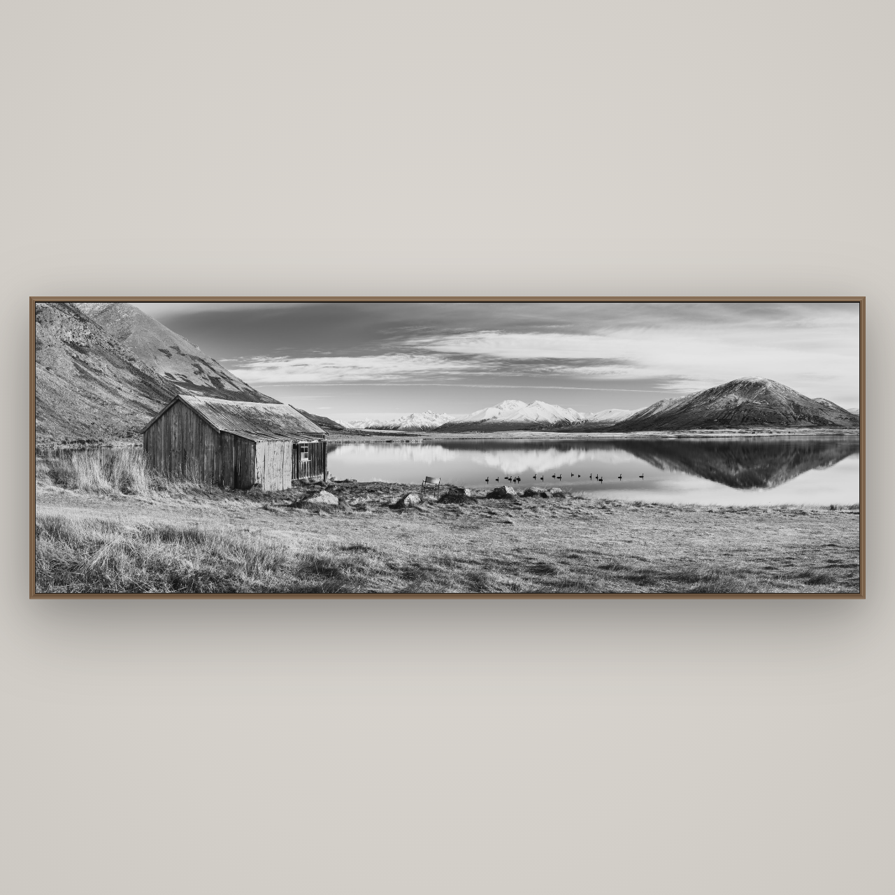 Tranquility's Hut, Big Hill and Potts Range, Basel Walnut, 227×80 cm. New Zealand fine art wall art by Stephen Milner.