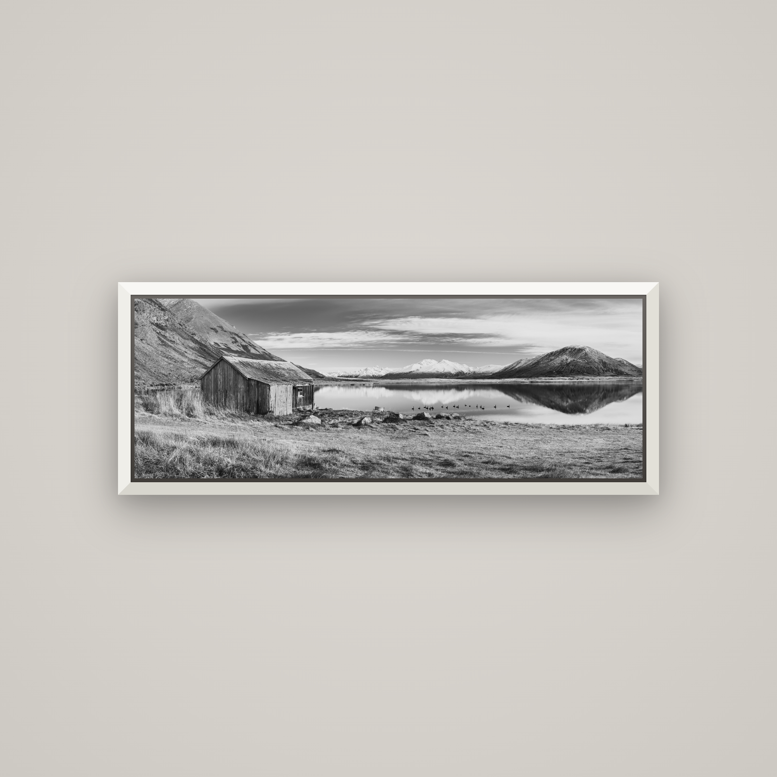 Tranquility's Hut, Big Hill and Potts Range — Basel White, 113×40 cm. New Zealand fine art wall art by Stephen Milner.