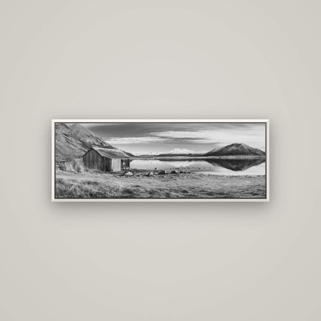 Tranquility's Hut, Big Hill and Potts Range — Basel White, 113×40 cm. New Zealand fine art wall art by Stephen Milner.