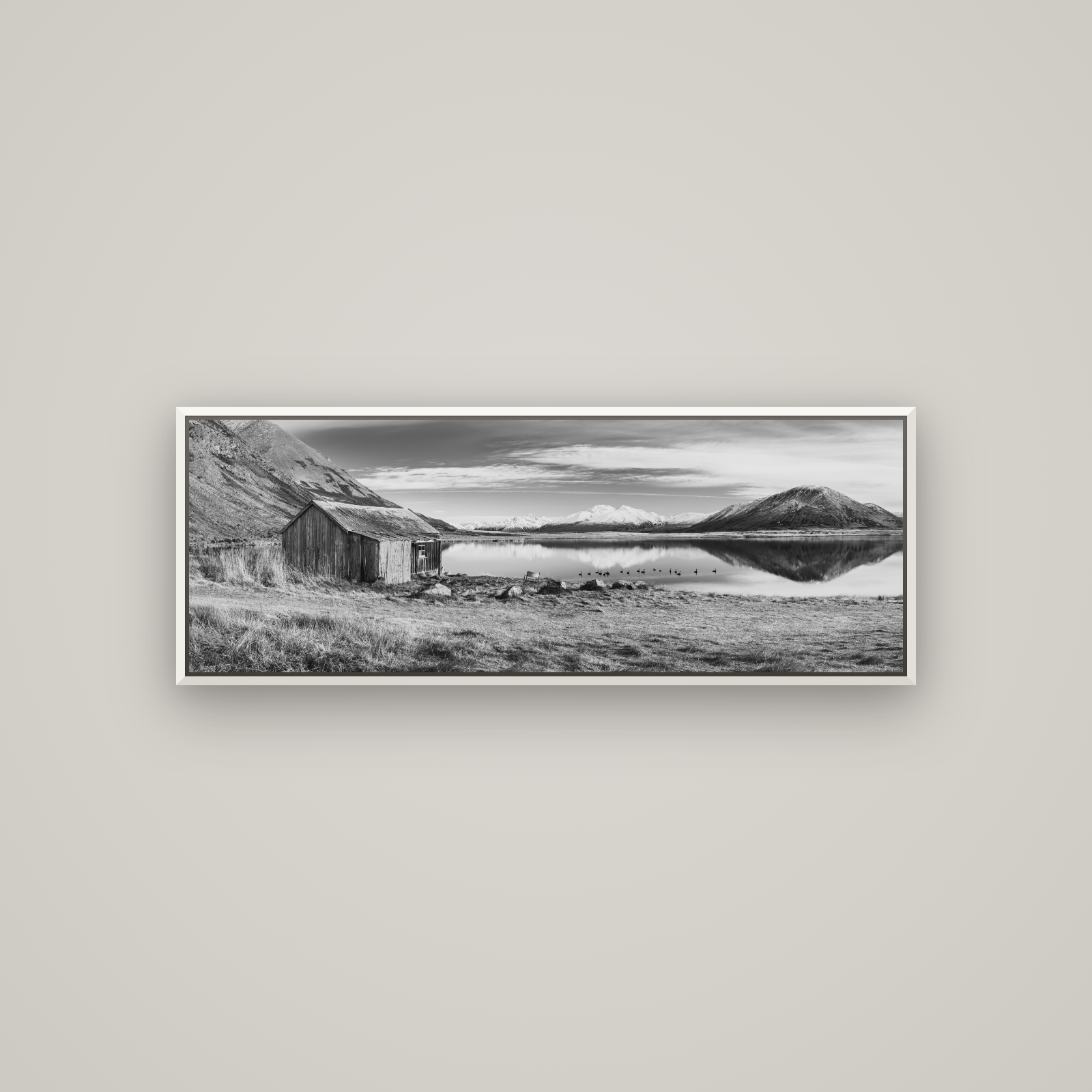 Tranquility's Hut, Big Hill and Potts Range — Basel White, 113×40 cm. New Zealand fine art wall art by Stephen Milner.
