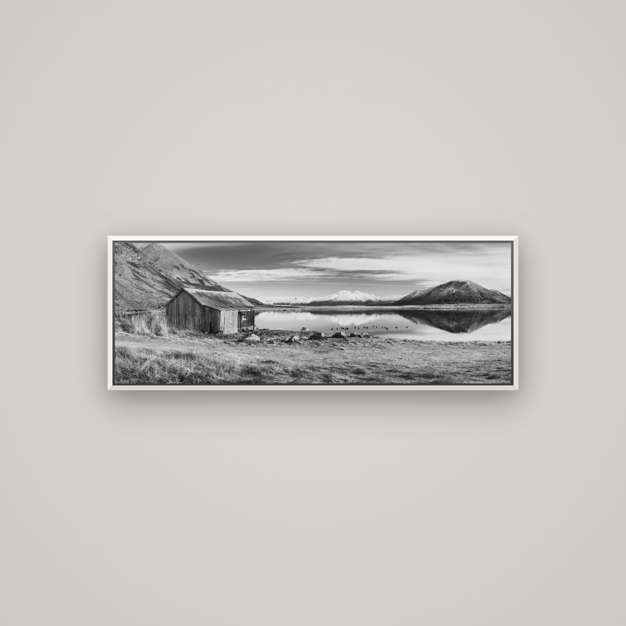 Tranquility's Hut, Big Hill and Potts Range — Basel White, 113×40 cm. New Zealand fine art wall art by Stephen Milner.