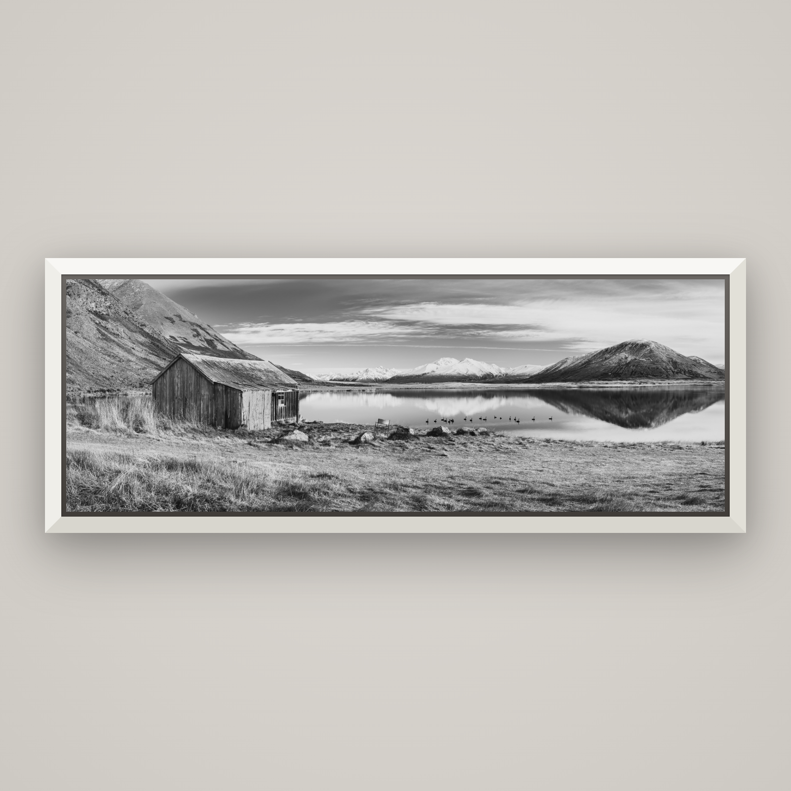 Tranquility's Hut, Big Hill and Potts Range — Basel White, 170×60 cm. New Zealand fine art wall art by Stephen Milner.