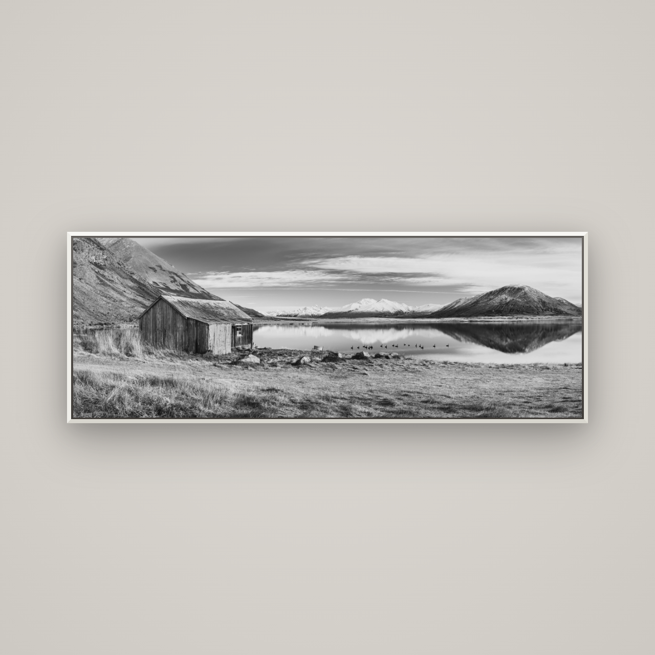 Tranquility's Hut, Big Hill and Potts Range — Basel White, 170×60 cm. New Zealand fine art wall art by Stephen Milner.