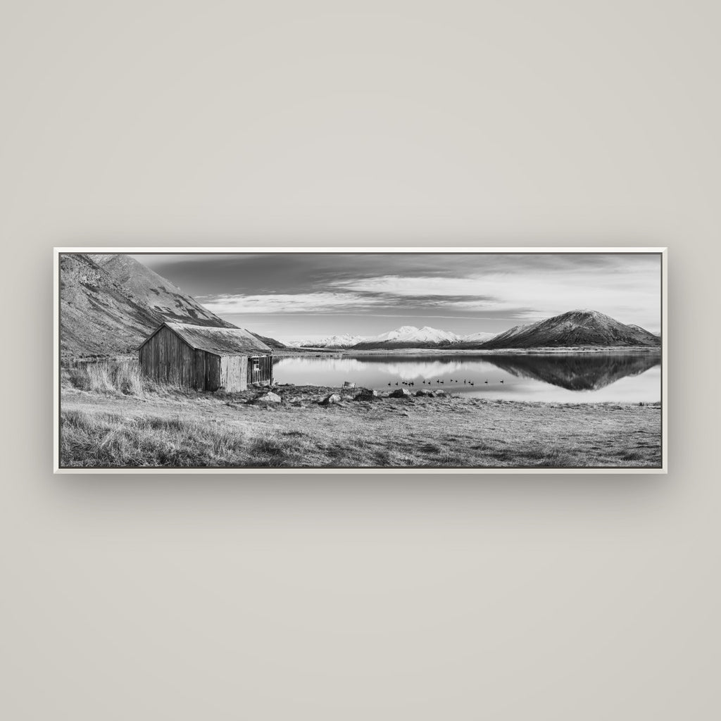 Tranquility's Hut, Big Hill and Potts Range — Basel White, 170×60 cm. New Zealand fine art wall art by Stephen Milner.