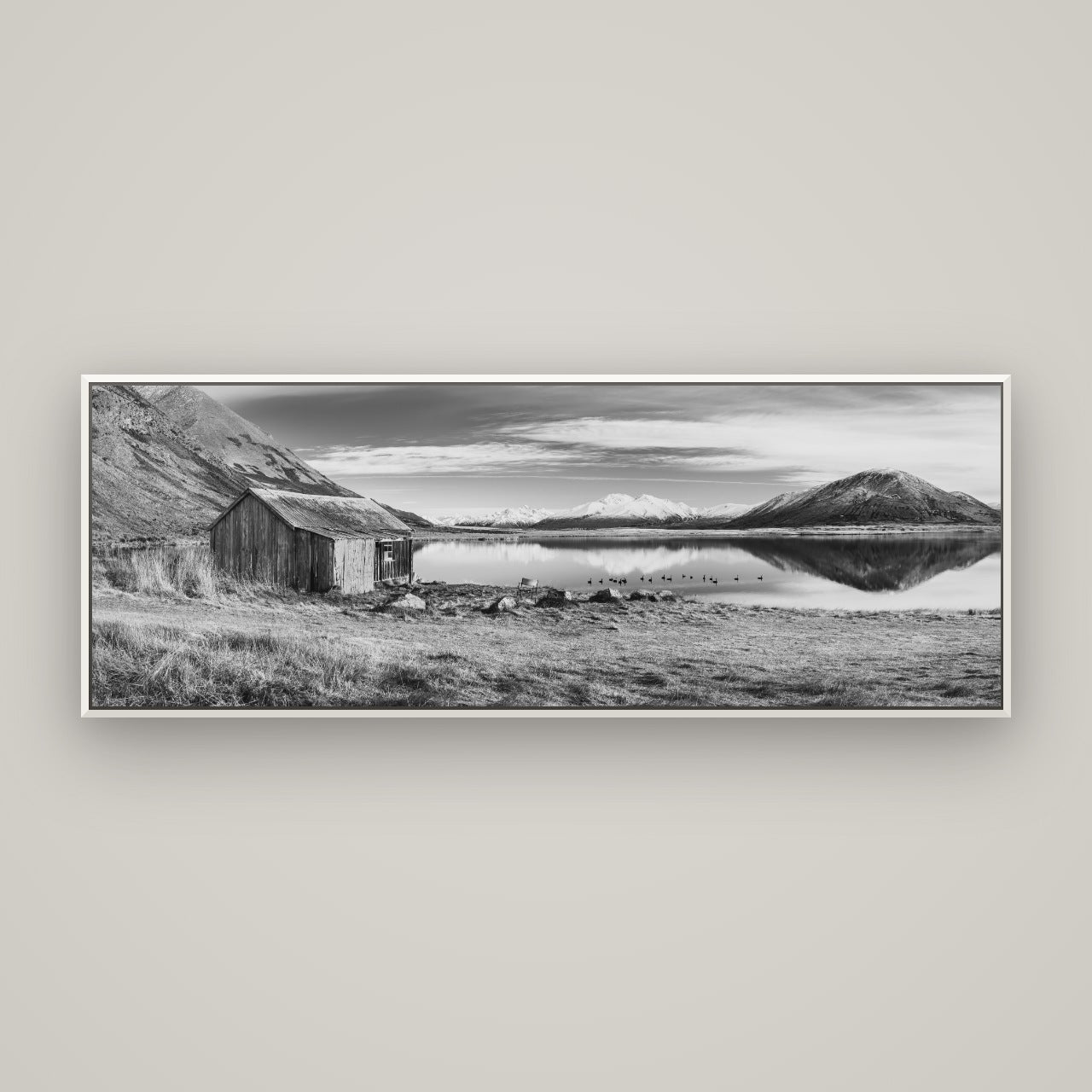 Tranquility's Hut, Big Hill and Potts Range — Basel White, 170×60 cm. New Zealand fine art wall art by Stephen Milner.