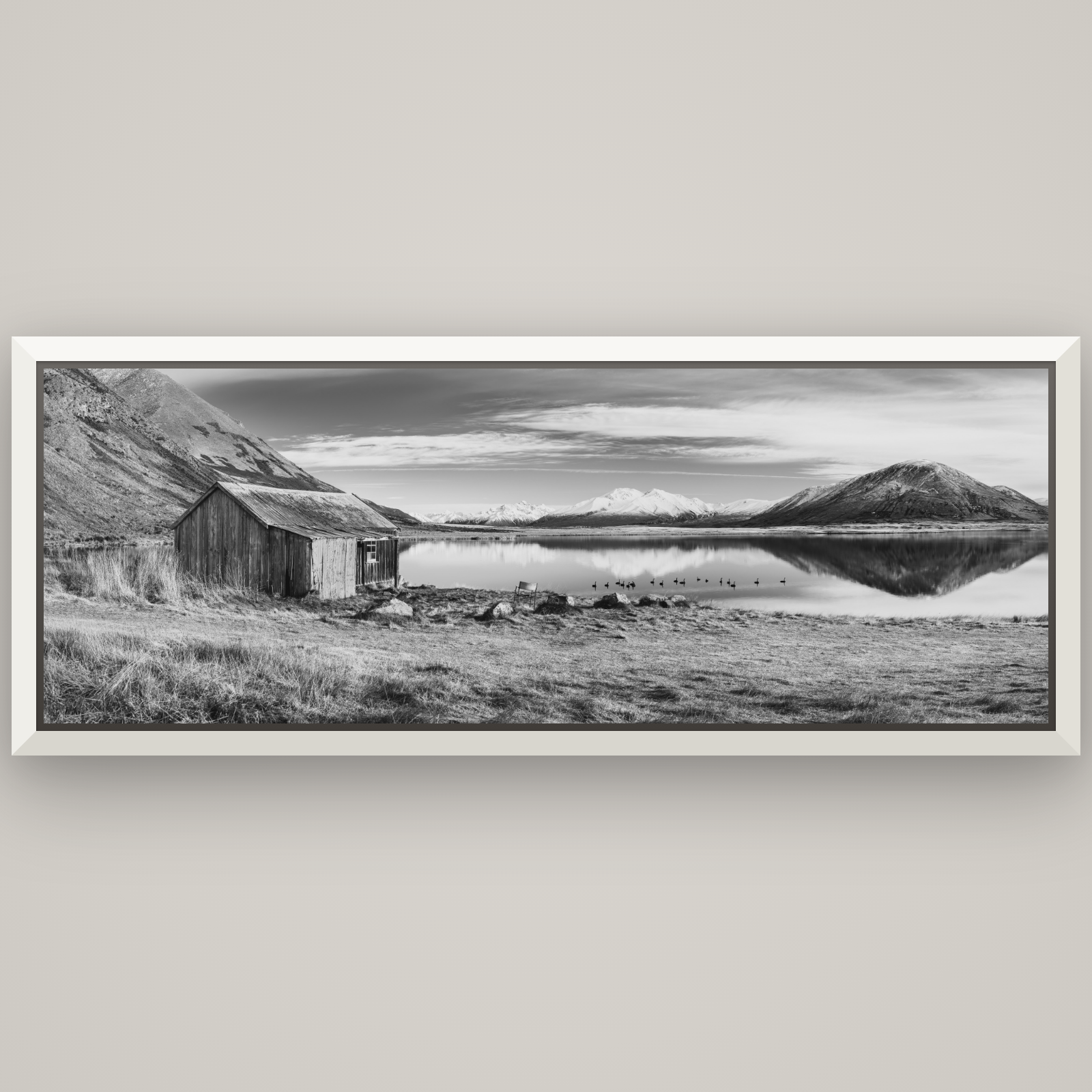 Tranquility's Hut, Big Hill and Potts Range — Basel White, 198×70 cm. New Zealand fine art wall art by Stephen Milner.