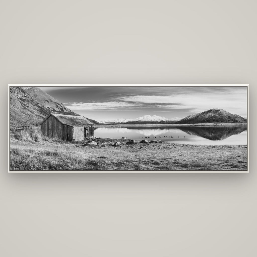 Tranquility's Hut, Big Hill and Potts Range — Basel White, 198×70 cm. New Zealand fine art wall art by Stephen Milner.
