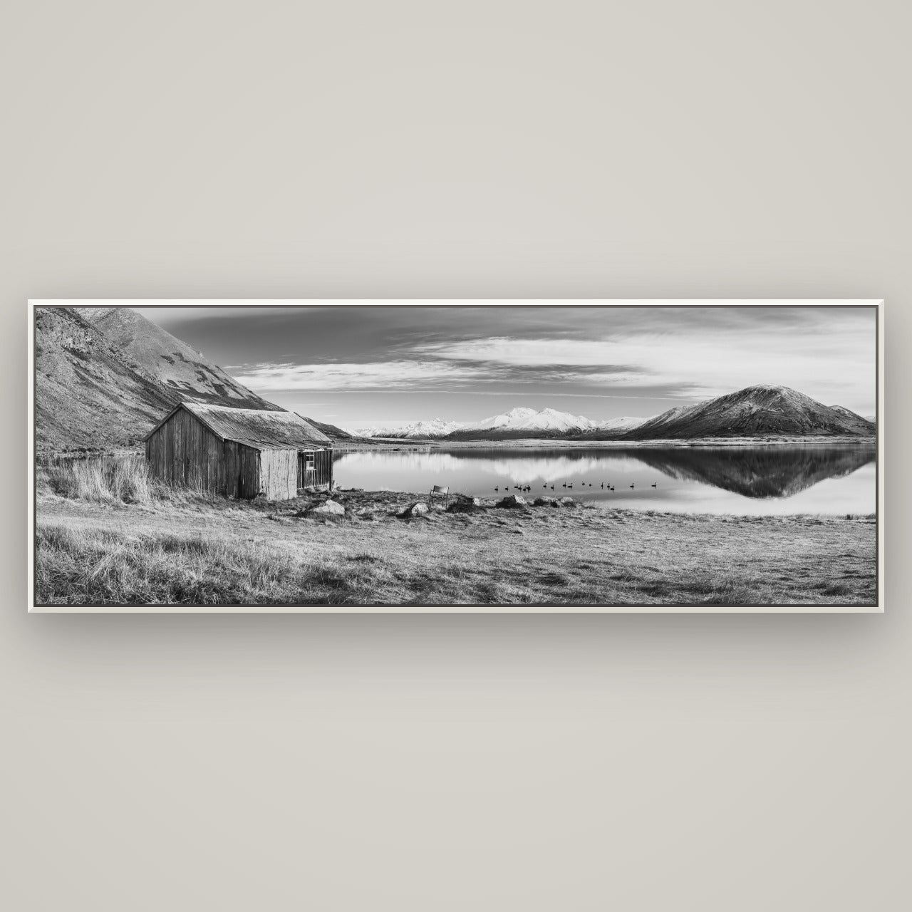 Tranquility's Hut, Big Hill and Potts Range — Basel White, 198×70 cm. New Zealand fine art wall art by Stephen Milner.
