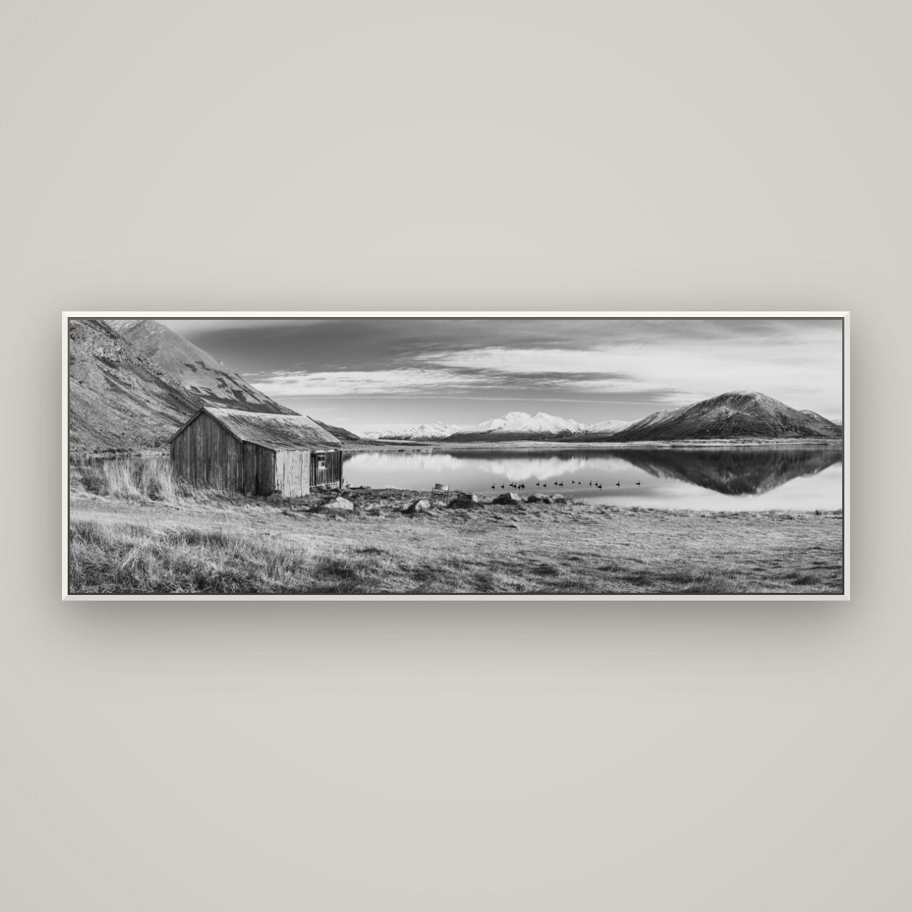 Tranquility's Hut, Big Hill and Potts Range — Basel White, 198×70 cm. New Zealand fine art wall art by Stephen Milner.