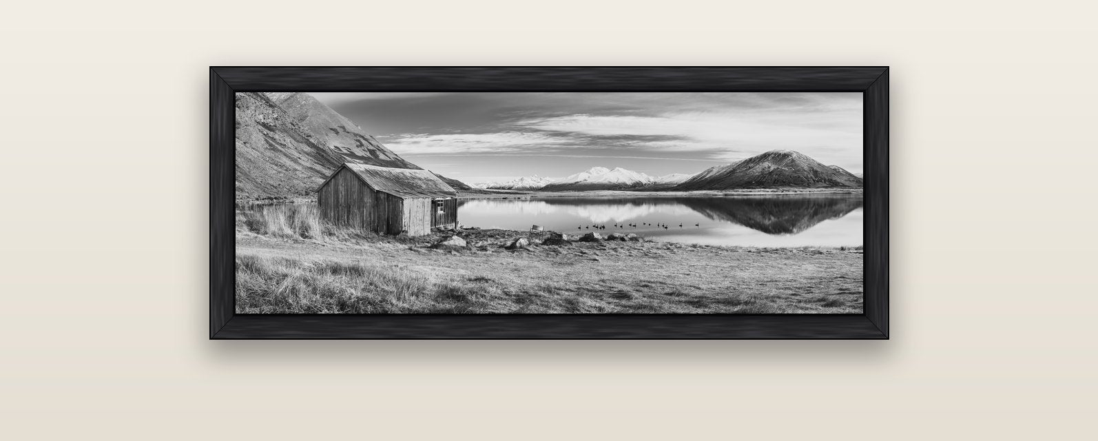 Tranquility's Hut, Big Hill and Potts Range — black float frame canvas, 102 × 36 cm. New Zealand fine art landscape wall art by Stephen Milner.