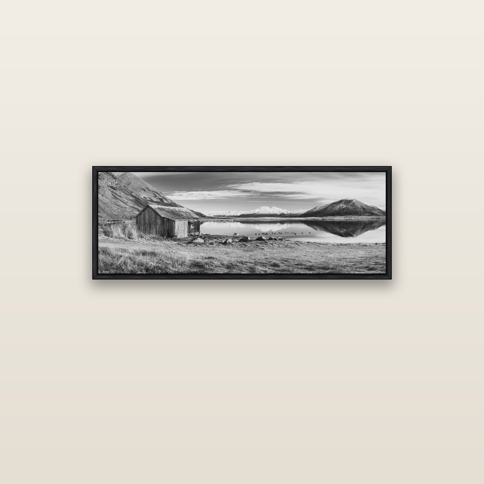 Tranquility's Hut, Big Hill and Potts Range — black float frame canvas, 102 × 36 cm. New Zealand fine art landscape wall art by Stephen Milner.