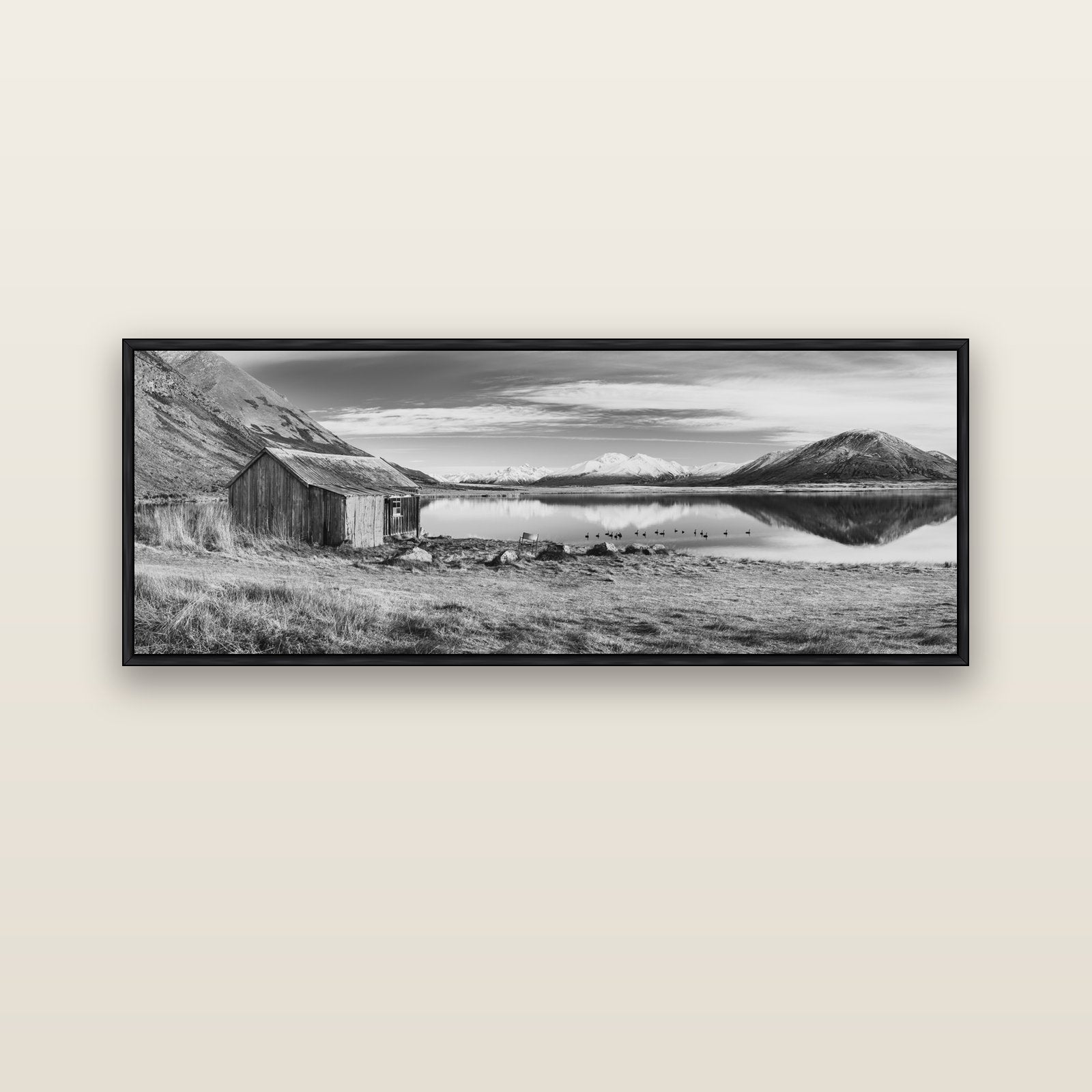 Tranquility's Hut, Big Hill and Potts Range — black float frame canvas, 152 × 56 cm. New Zealand fine art landscape wall art by Stephen Milner.