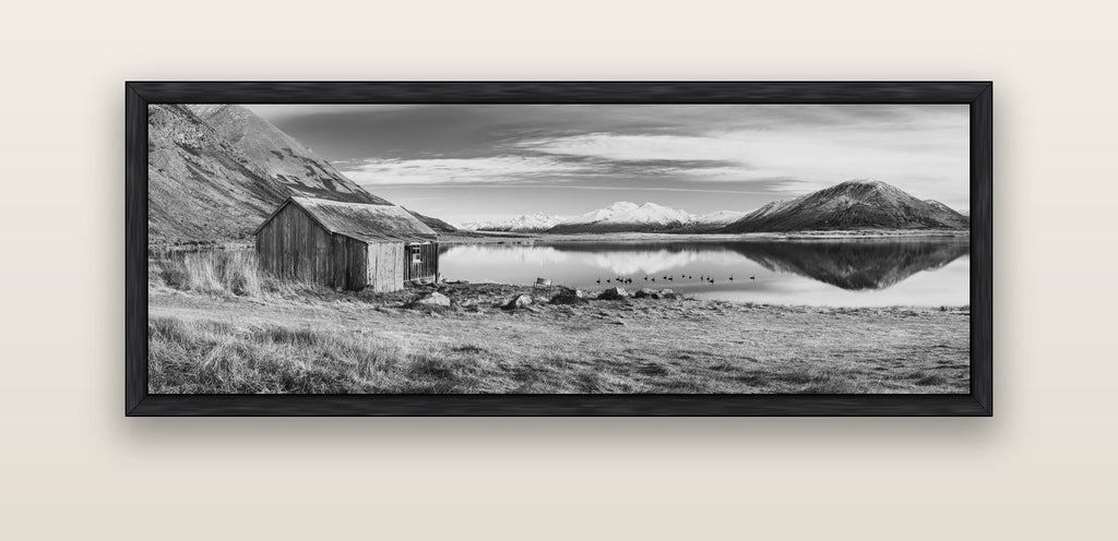 Tranquility's Hut, Big Hill and Potts Range — black float frame canvas, 152 × 56 cm. New Zealand fine art landscape wall art by Stephen Milner.