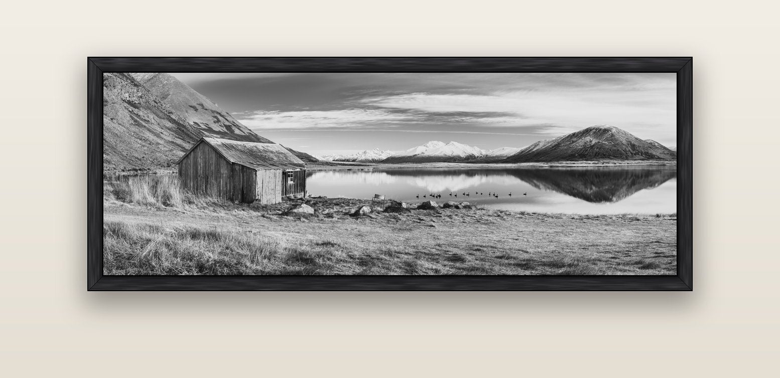 Tranquility's Hut, Big Hill and Potts Range — black float frame canvas, 152 × 56 cm. New Zealand fine art landscape wall art by Stephen Milner.